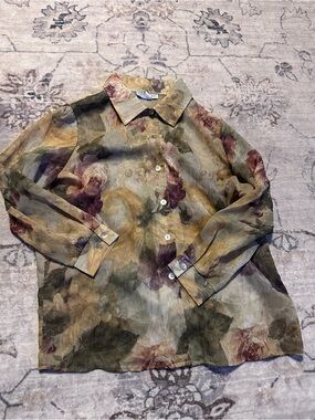 Women's Sheer Floral Button-Up Blouse in Olive Green and Burgundy